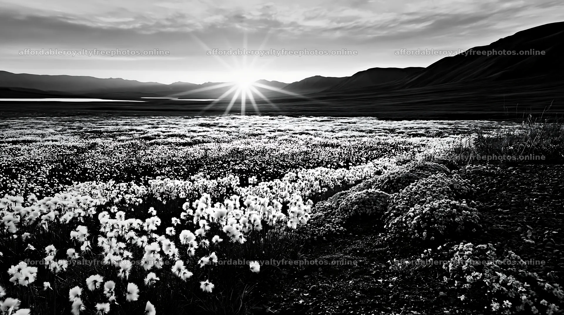 Cottongrass meadow at sunset in black and white – royalty-free photos 10608x5938