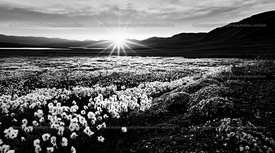 Cottongrass meadow at sunset in black and white – royalty-free photos 10608x5938