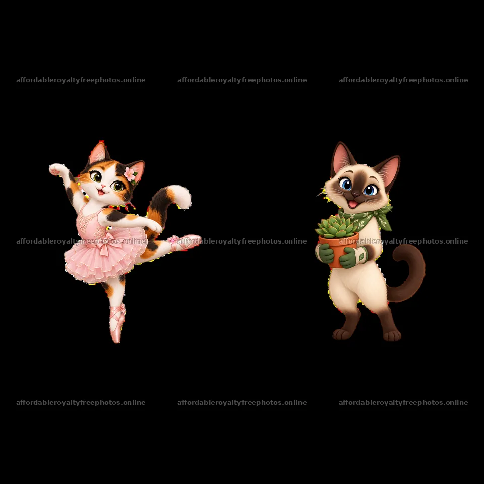 Ballet cat dancer and a cat holding a plant in cartoon – royalty-free photos 7746x7746