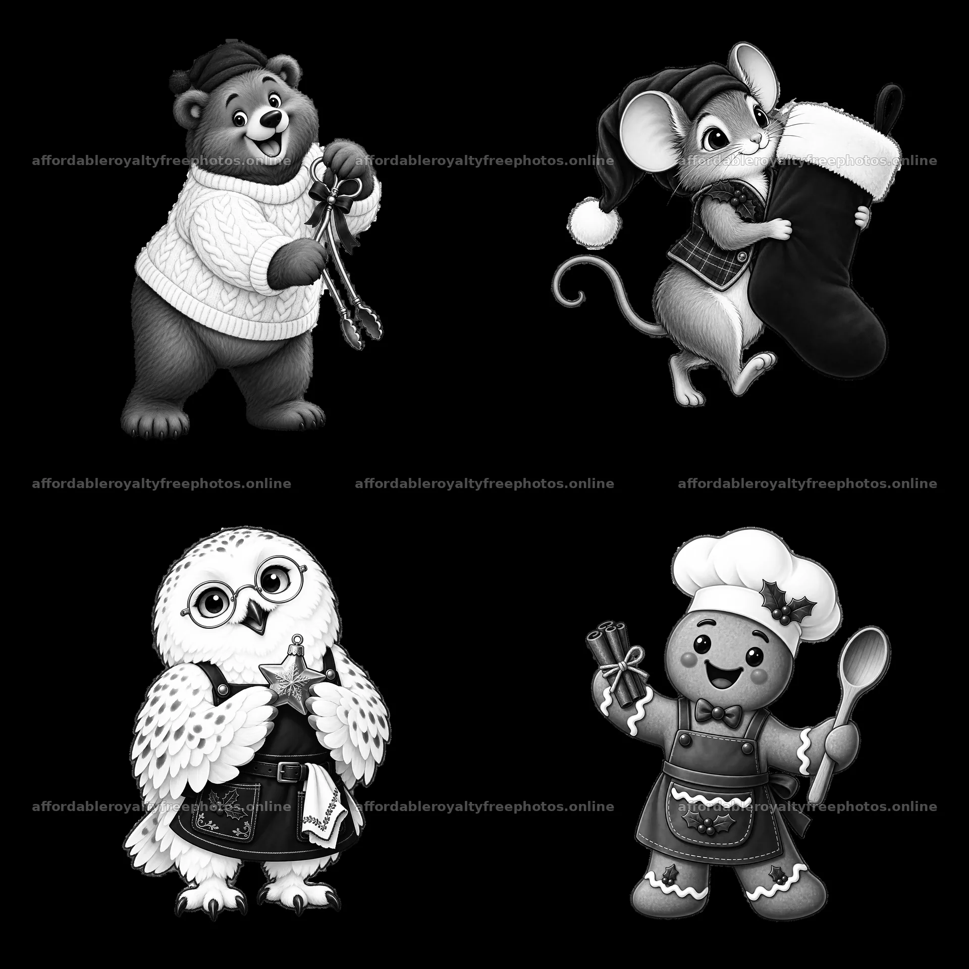 Christmas characters prepare for festivities by the – royalty-free photos 7746x7746