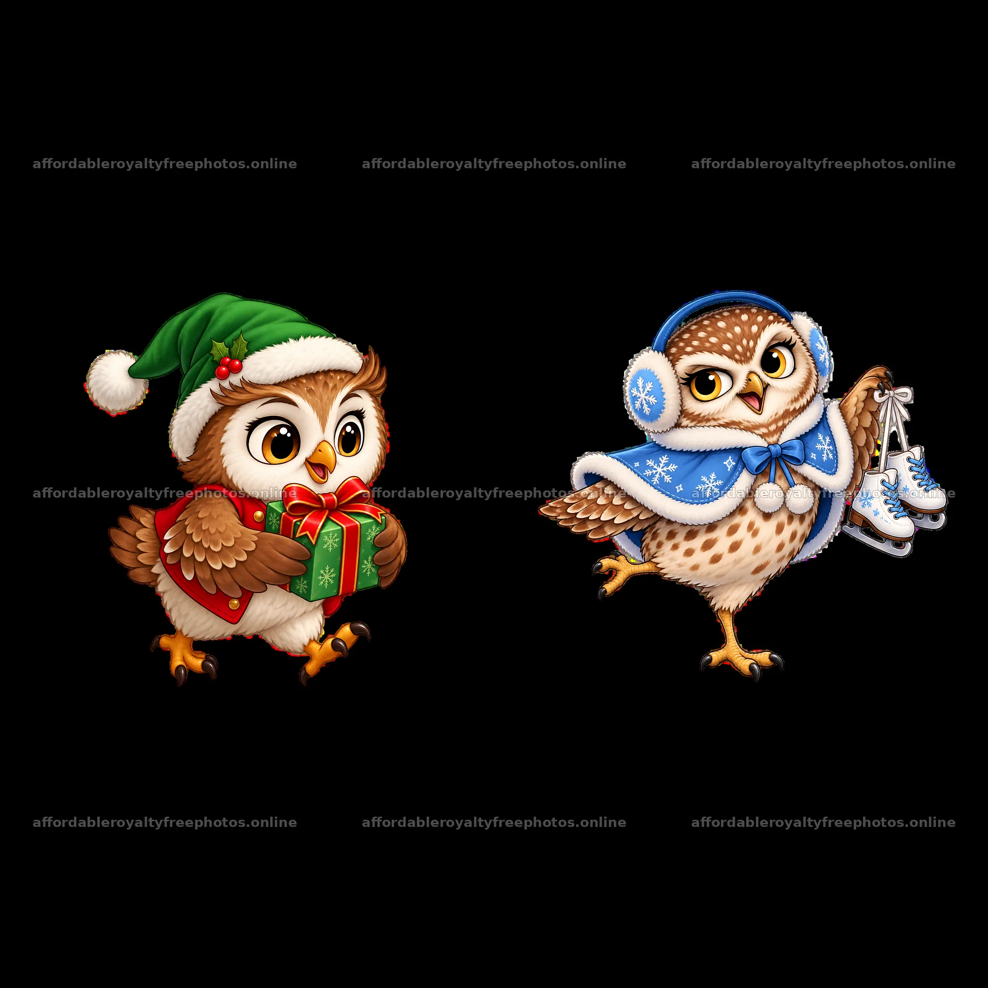 Christmas owls with gifts and ice skates in festive – royalty-free photos 7746x7746