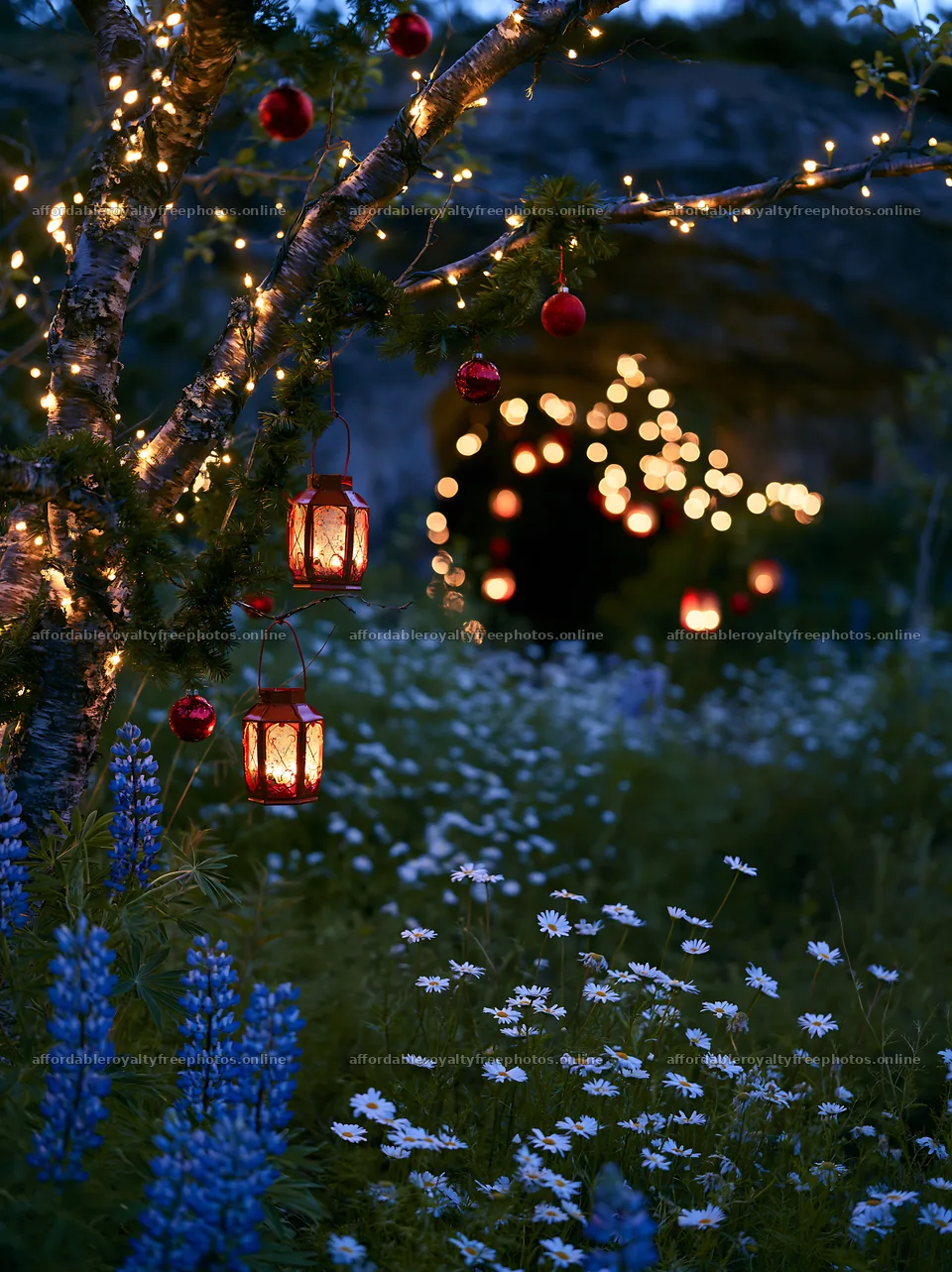 Christmas lanterns at dusk in meadow by cave – royalty-free photos 6866x9174
