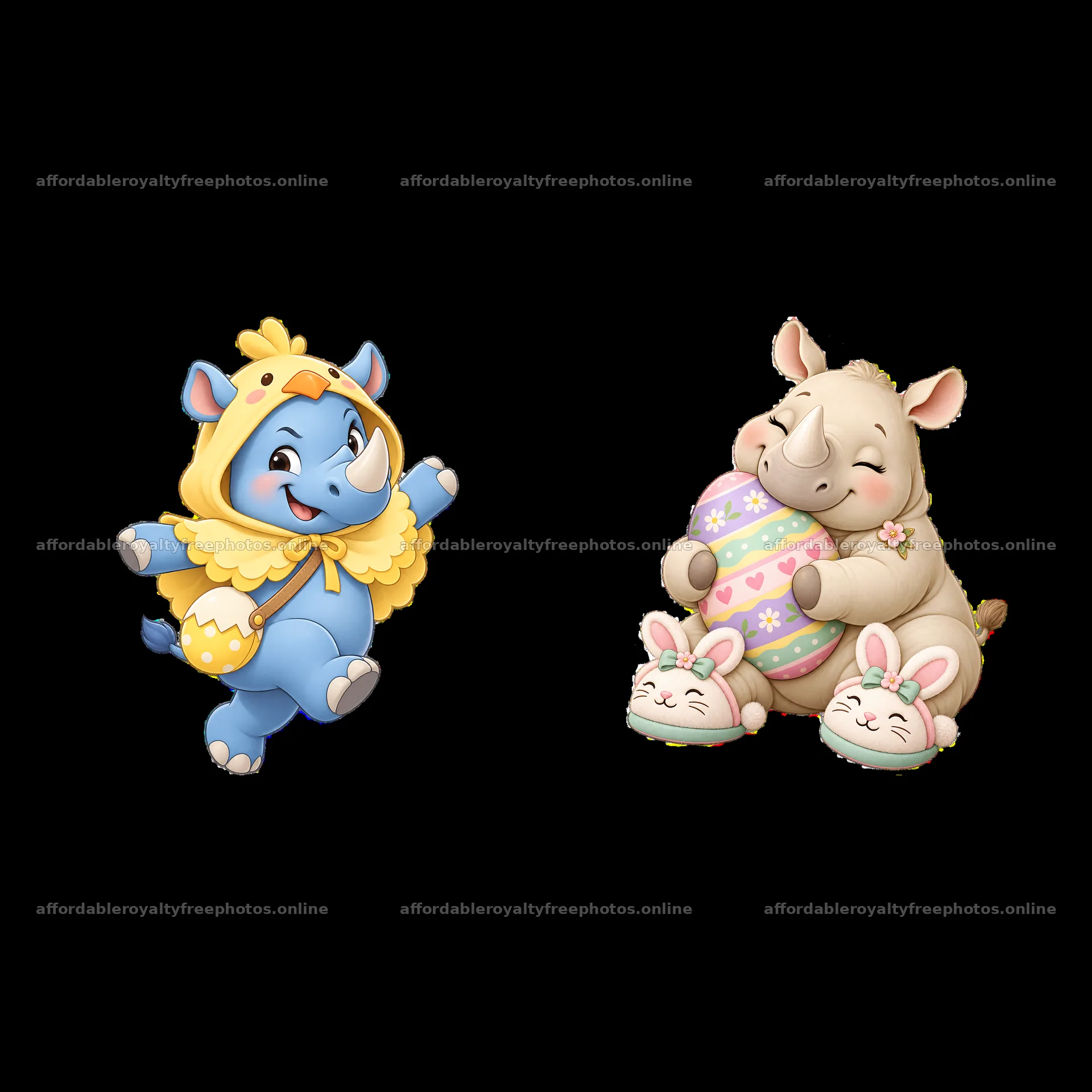 Easter rhinoceros and blue elephant with colorful eggs – royalty-free photos 7746x7746