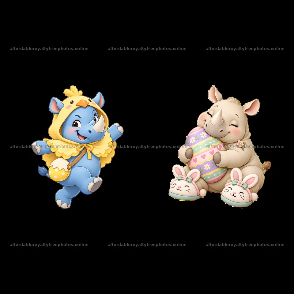 Easter rhinoceros and blue elephant with colorful eggs – royalty-free photos 7746x7746