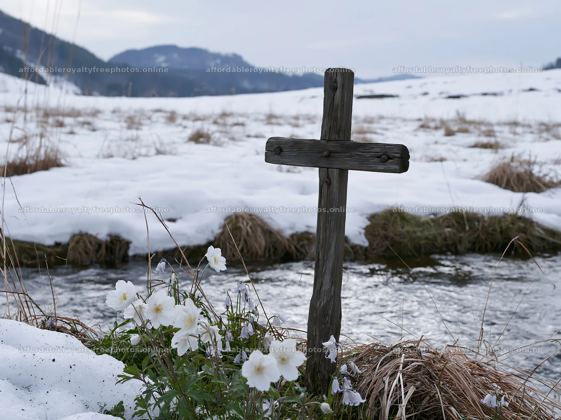 Weathered Christian cross stands in snowy meadow by – royalty-free photos 9174x6866