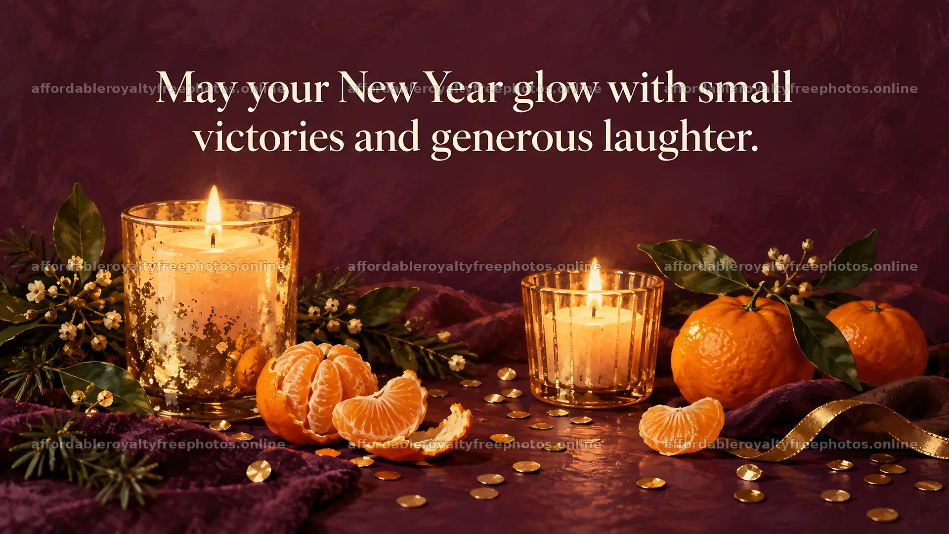 New Year Greeting with Candles and Mandarins – royalty-free photos 10324x5812