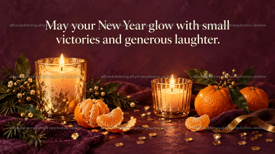 New Year Greeting with Candles and Mandarins – royalty-free photos 10324x5812
