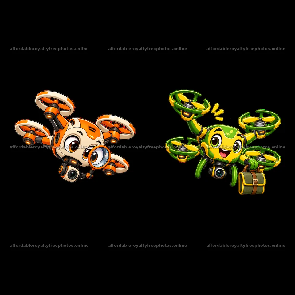 Cute cartoon drones with camera and accessories flying – royalty-free photos 7746x7746