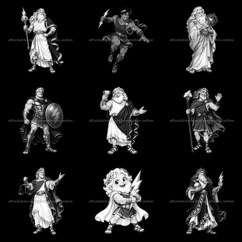 Zeus and mythological figures in black and white cartoon – royalty-free photos 7746x7746