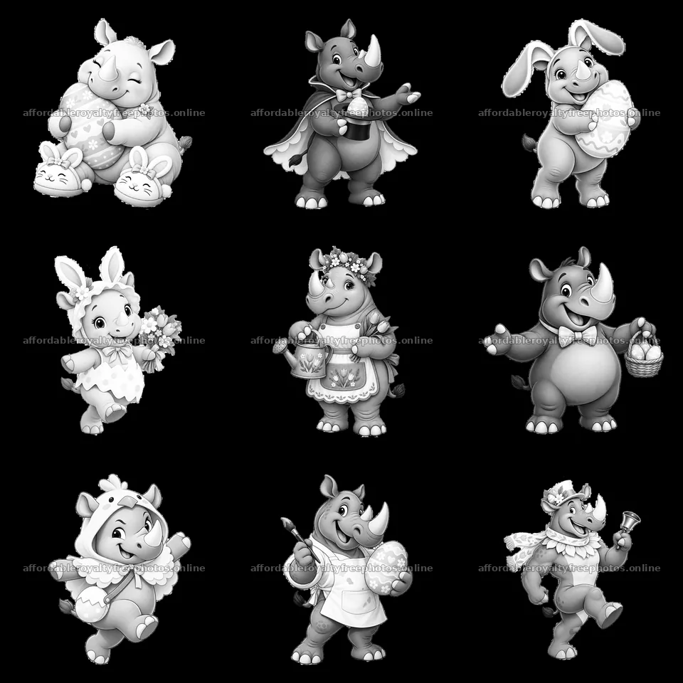 Easter themed rhinoceros characters in black and white – royalty-free photos 7746x7746