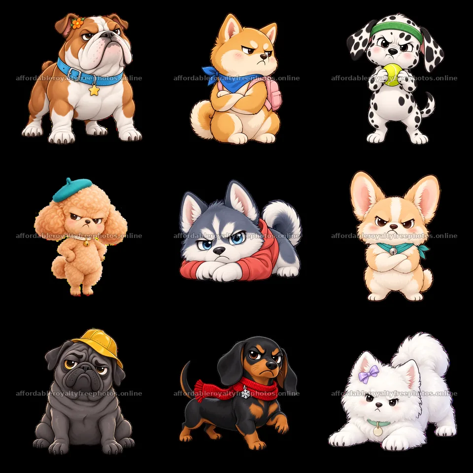 Kawaii grumpy dogs in a 3x3 cartoon sticker layout – royalty-free photos 7746x7746