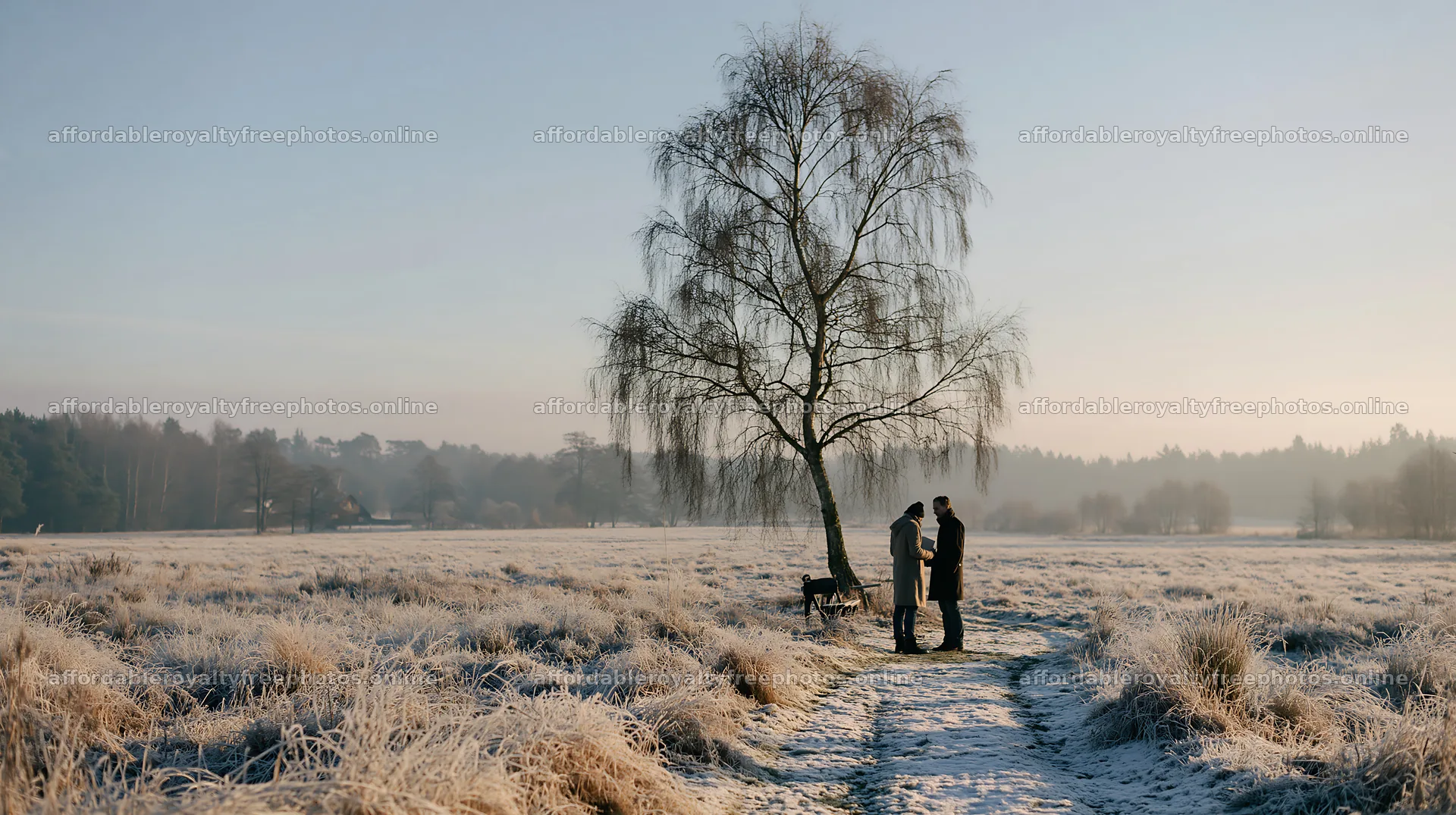 Winter meadow scene with couple beside tree and dog – royalty-free photos 10608x5938
