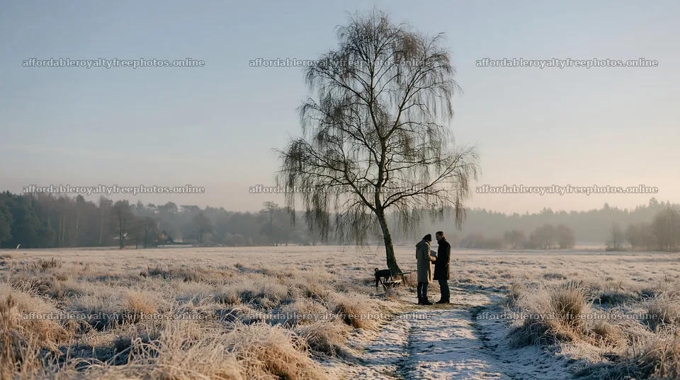 Winter meadow scene with couple beside tree and dog – royalty-free photos 10608x5938