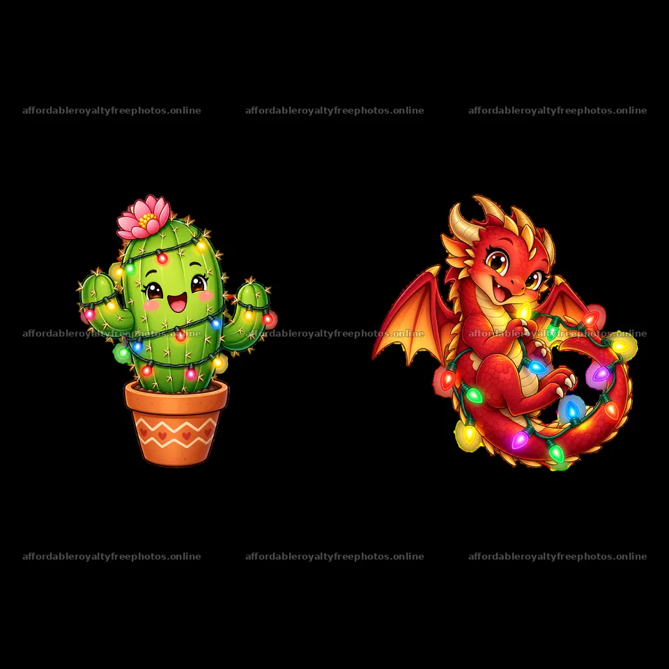 Cactus and dragon with string lights in festive colors – royalty-free photos 7746x7746