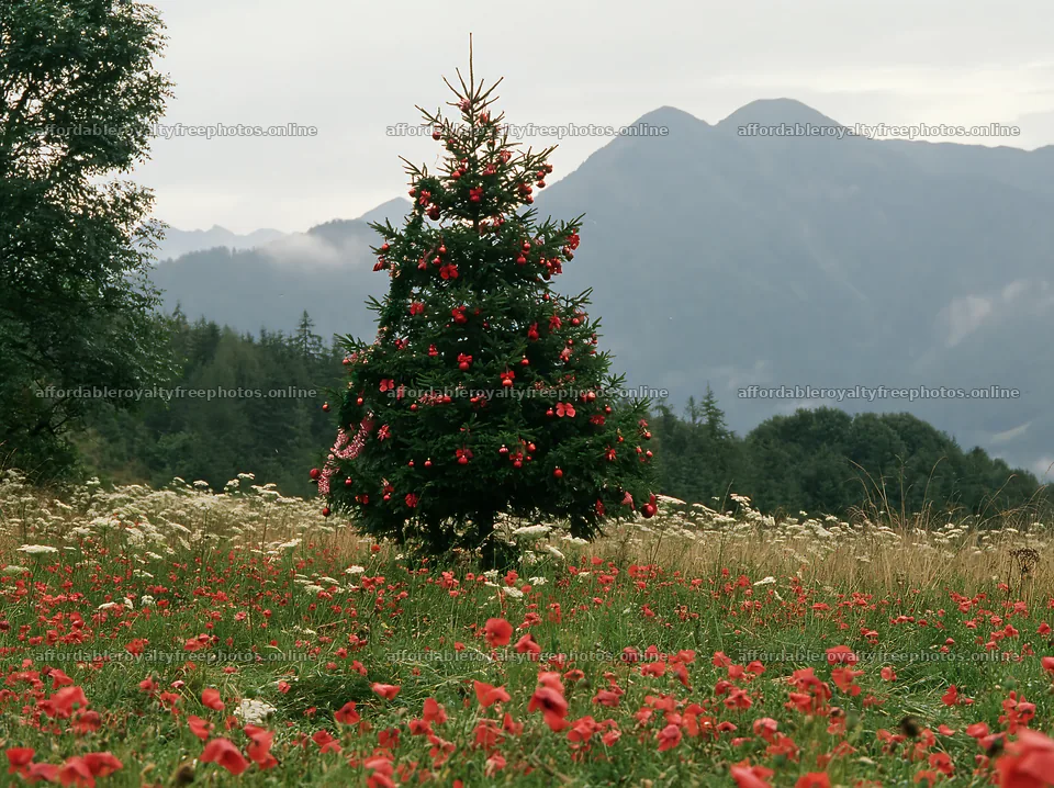 Christmas tree with decorations in a mountain meadow – royalty-free photos 9174x6866