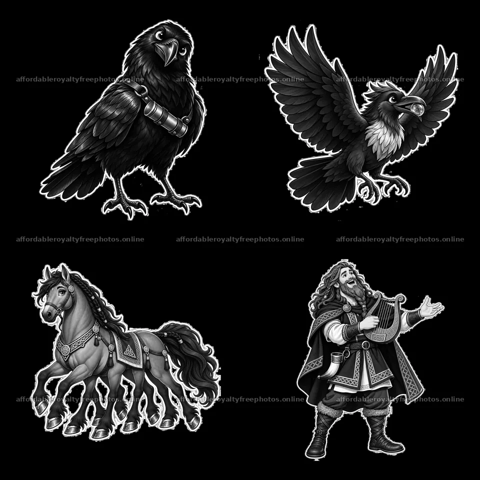 Odin's raven, horse, and bard in monochrome cartoon style – royalty-free photos 7746x7746