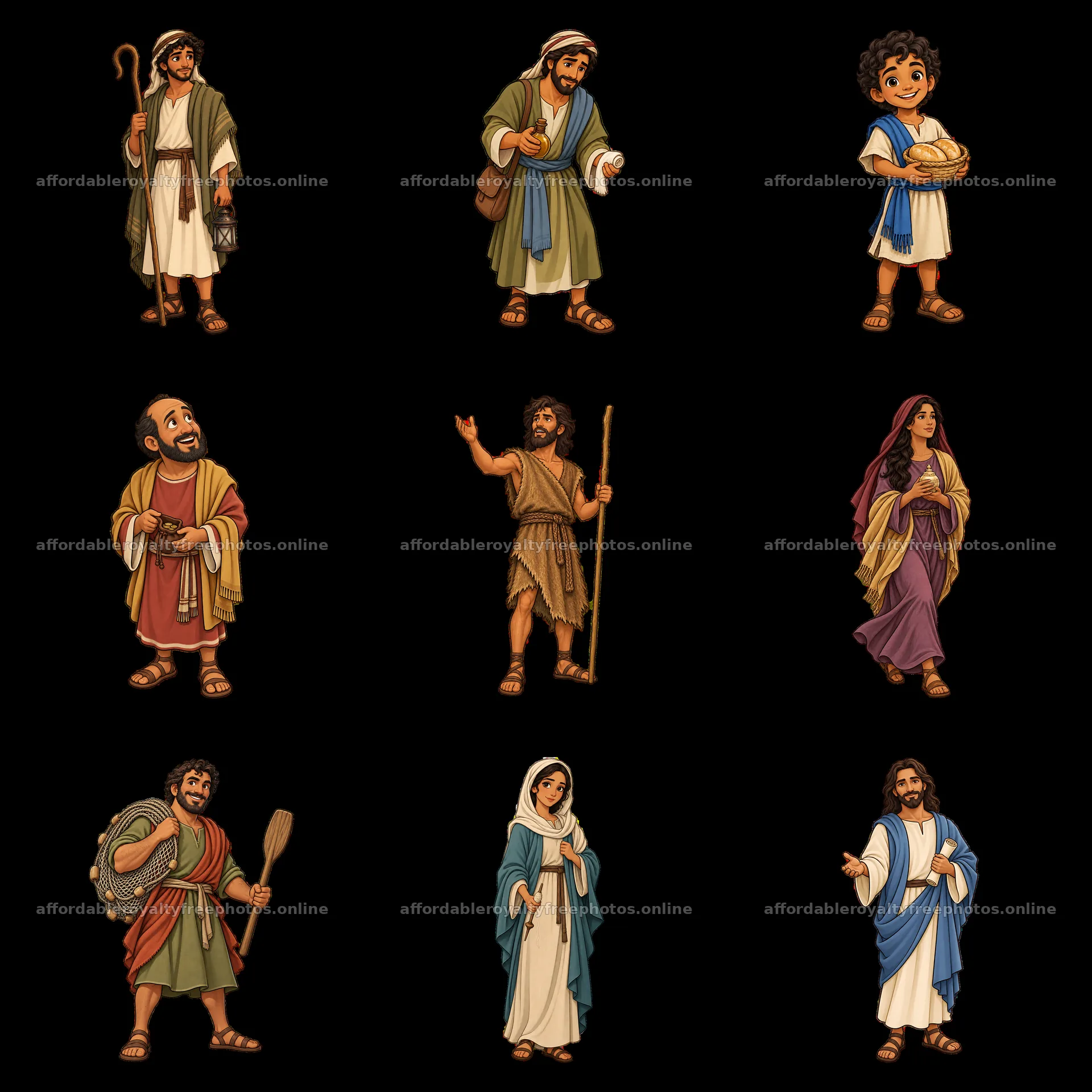 Cartoon stickers of biblical characters in a grid layout – royalty-free photos 7746x7746