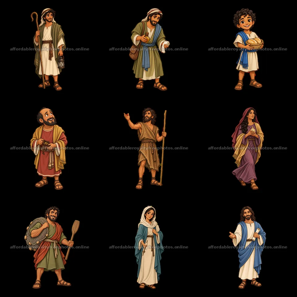 Cartoon stickers of biblical characters in a grid layout – royalty-free photos 7746x7746