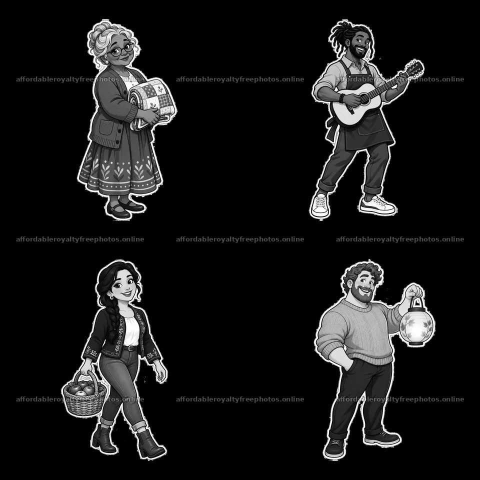 Cartoon family characters playing music and carrying – royalty-free photos 7746x7746