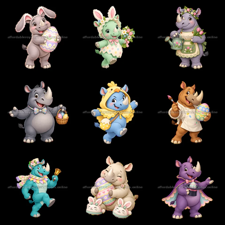 Rhinoceros characters celebrating Easter in a colorful – royalty-free photos 7746x7746