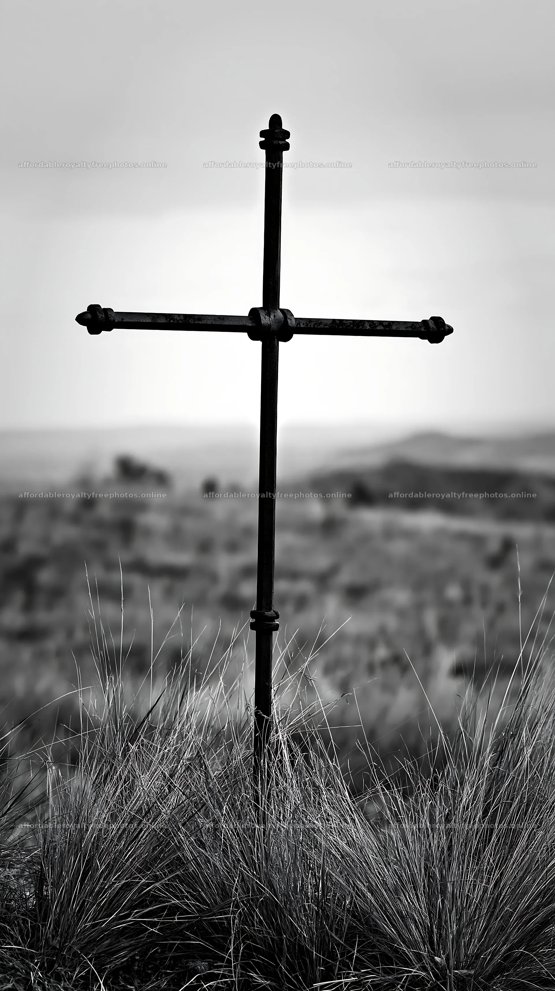 Iron Christian cross overlooking valley meadow – royalty-free photos 5938x10608
