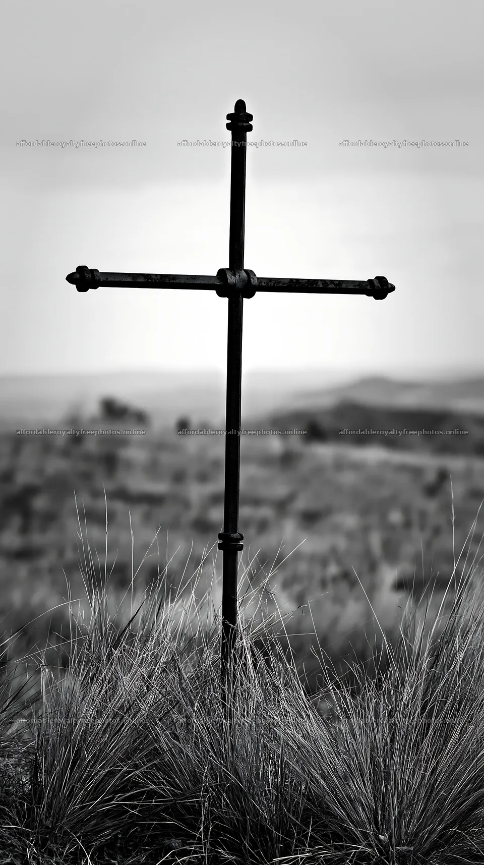 Iron Christian cross overlooking valley meadow – royalty-free photos 5938x10608