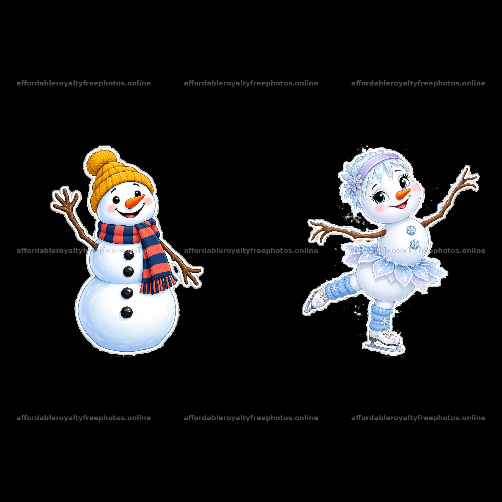 Snowman with a scarf and a dancing snow girl on ice – royalty-free photos 7746x7746