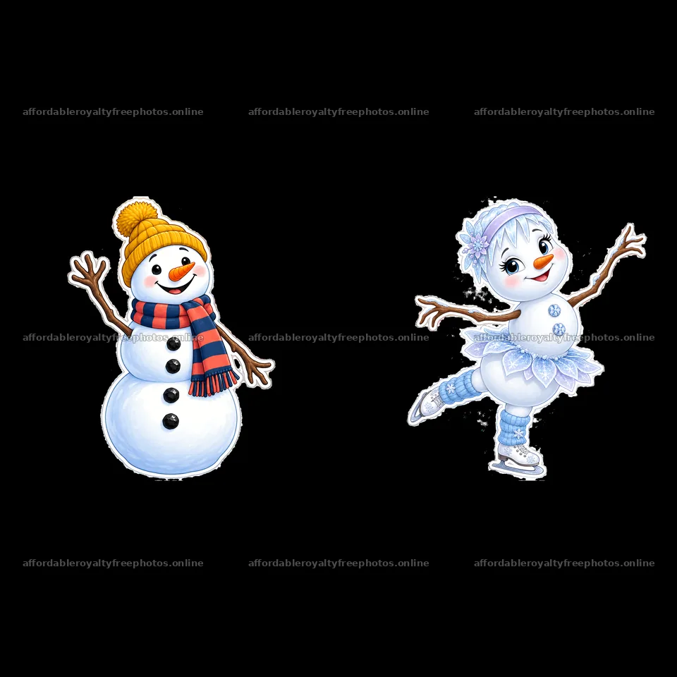 Snowman with a scarf and a dancing snow girl on ice – royalty-free photos 7746x7746