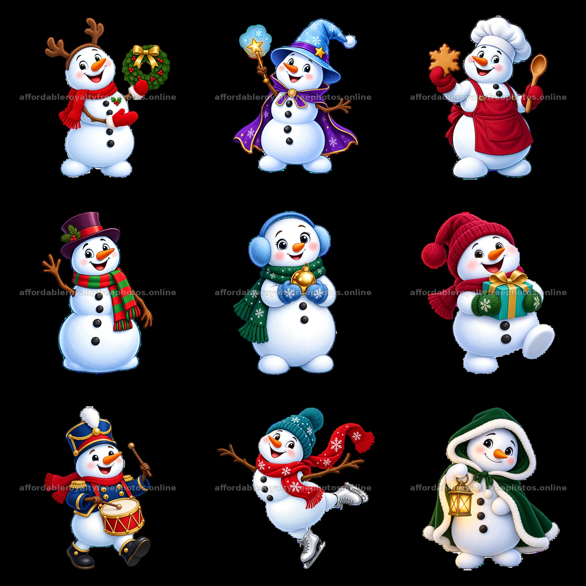 Christmas snowman characters in fun festive activities – royalty-free photos 7746x7746