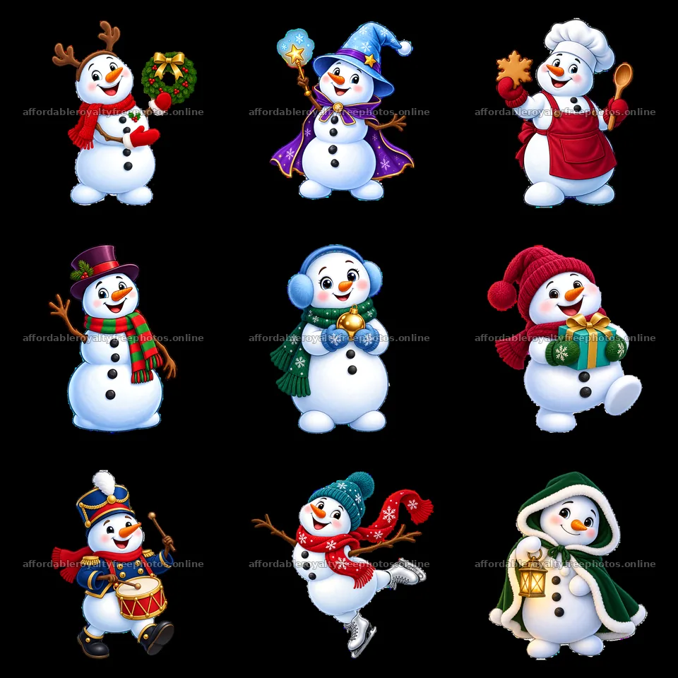 Christmas snowman characters in fun festive activities – royalty-free photos 7746x7746