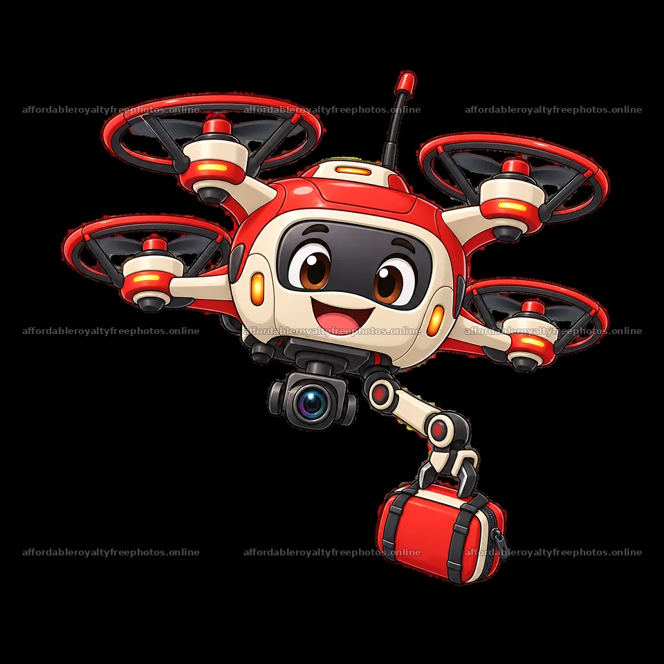Cute cartoon drone character flying with a camera and – royalty-free photos 7746x7746