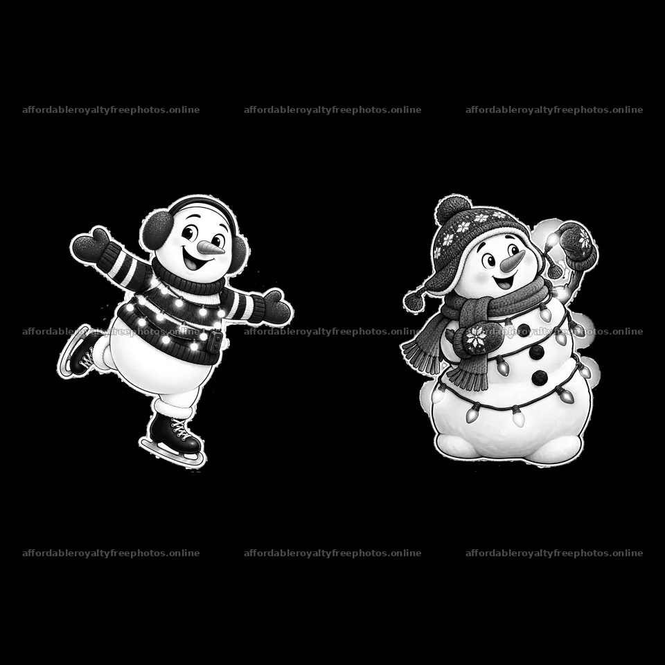 Snowman skating and snowman holding string lights – royalty-free photos 7746x7746