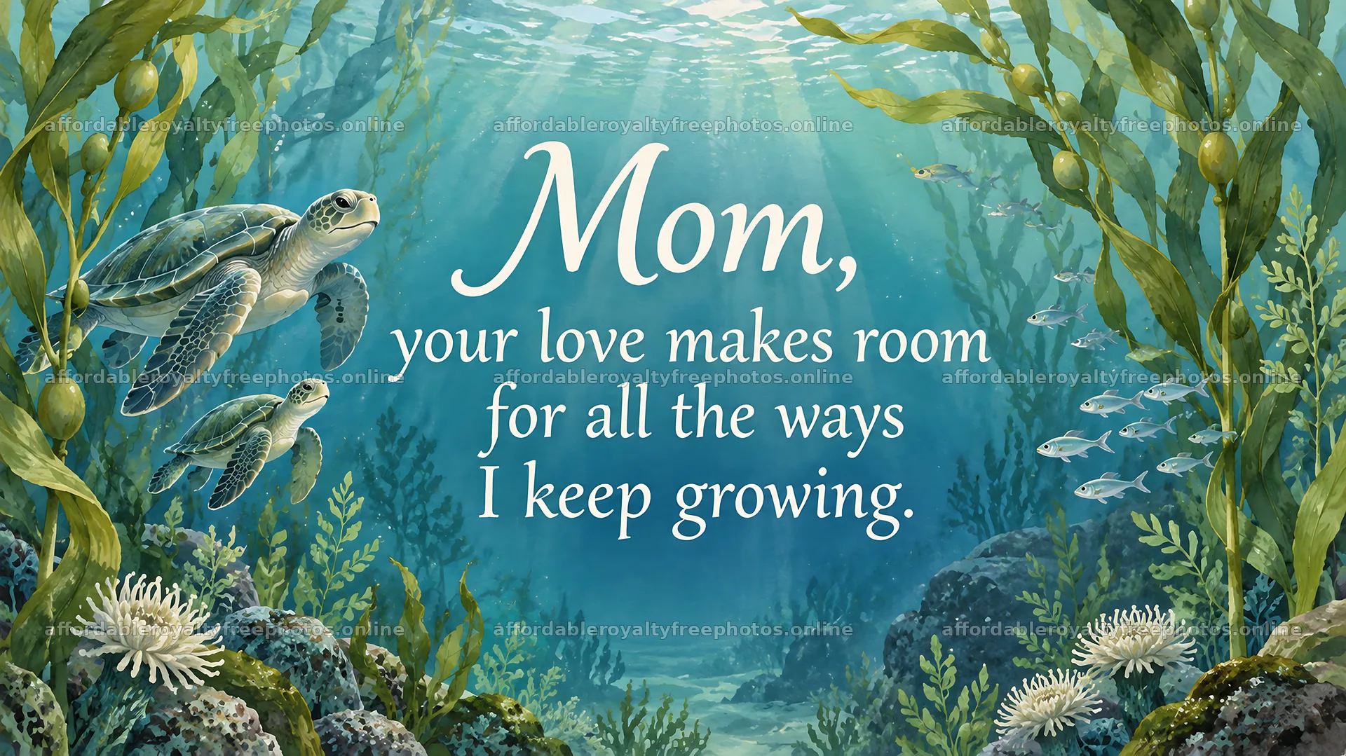 Mom Greeting with Sea Turtles Underwater – royalty-free photos 10331x5808
