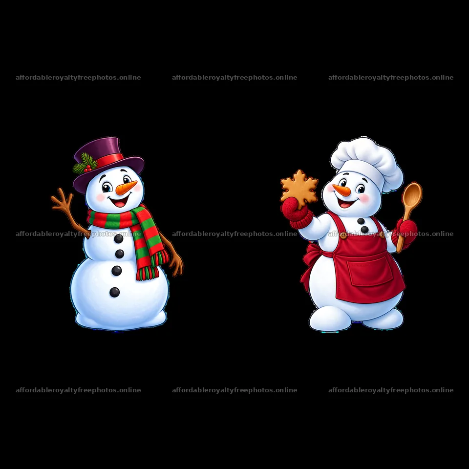 Christmas snowman characters waving and baking cookies – royalty-free photos 7746x7746