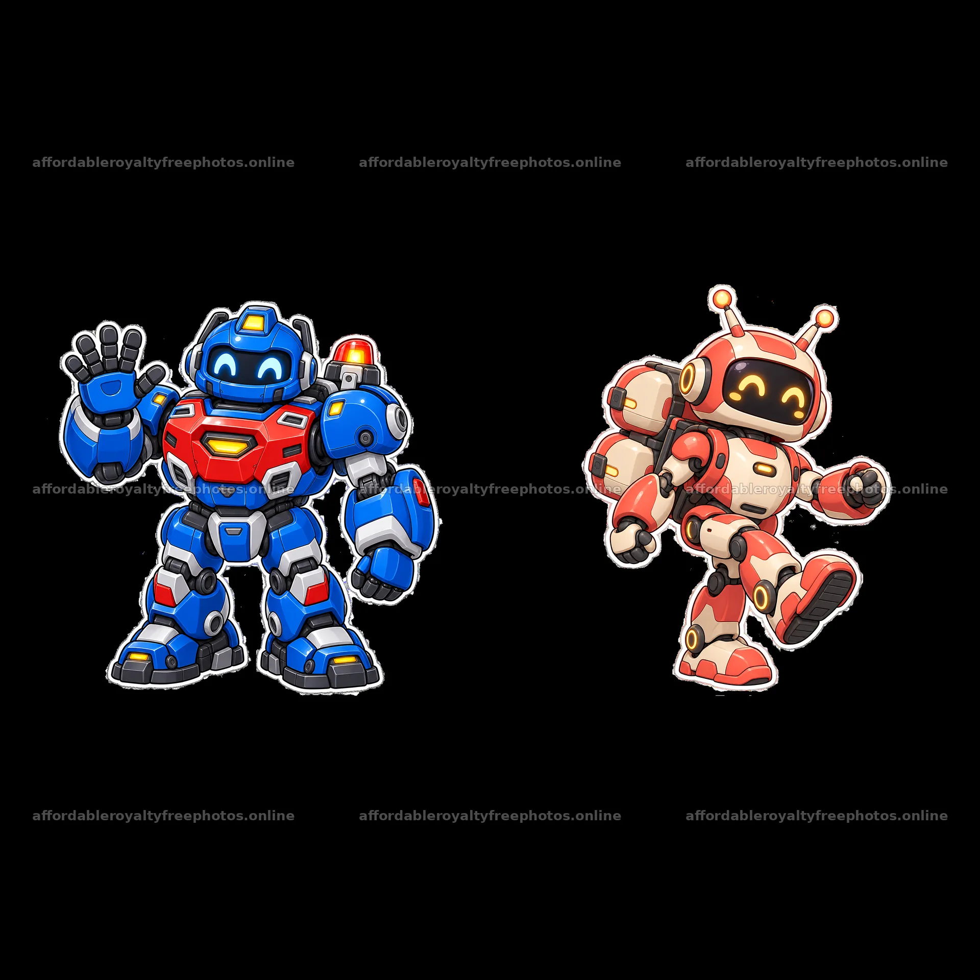 Mech robots waving and smiling in cartoon illustration – royalty-free photos 7746x7746