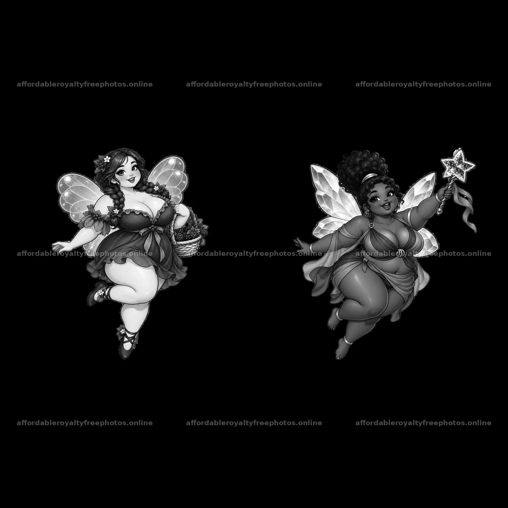 Fat fairy cartoon characters holding props in a – royalty-free photos 7746x7746