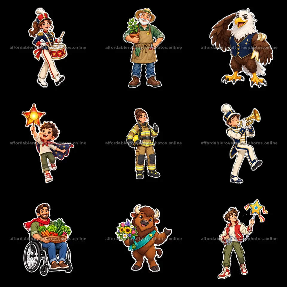 Patriotic cartoon characters in a 3x3 layout with – royalty-free photos 7746x7746
