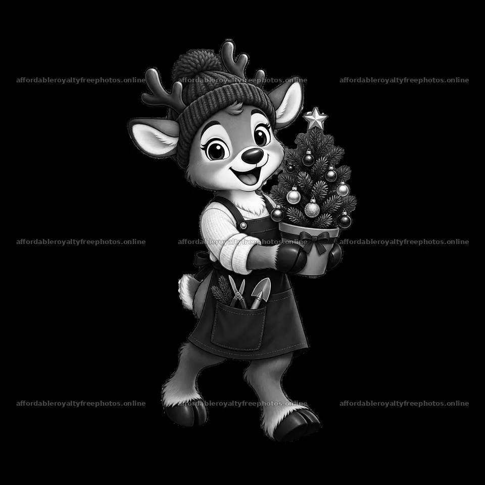 Reindeer character holding a potted Christmas tree in a – royalty-free photos 7746x7746