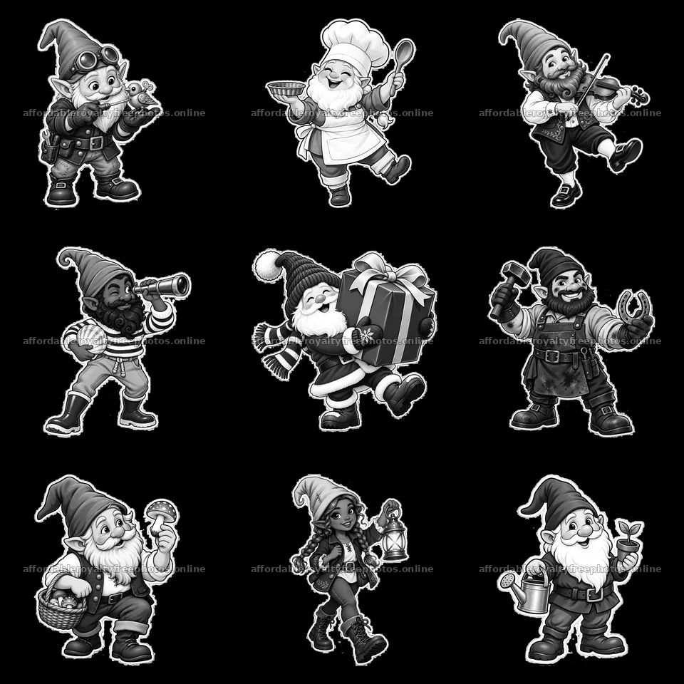 Nine gnomes performing different activities in black and – royalty-free photos 7746x7746