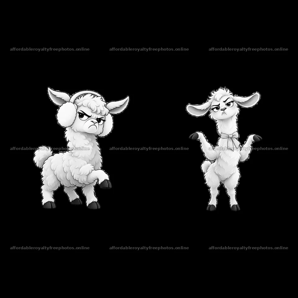 Grumpy llamas with headphones and bow tie in black and – royalty-free photos 7746x7746