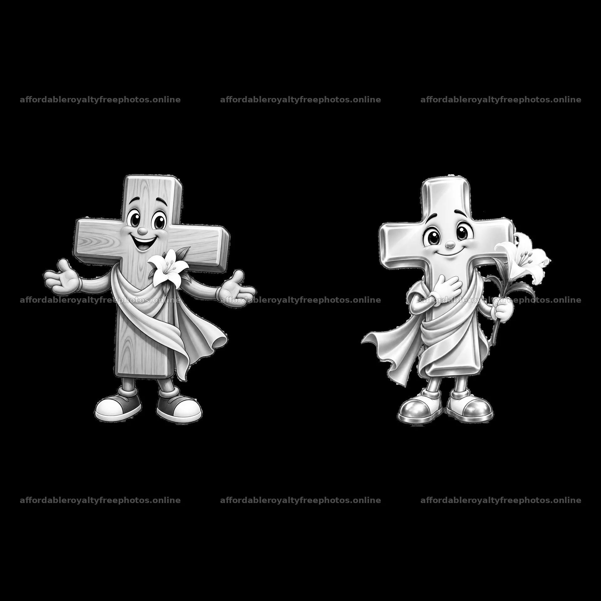 Easter cross characters holding lilies in a cartoon style – royalty-free photos 7746x7746