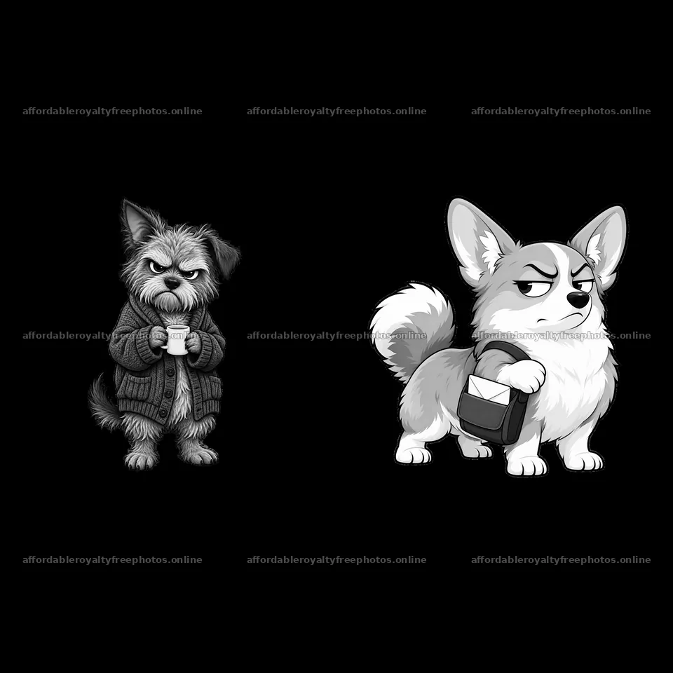 Grumpy dog characters holding cups and mail in – royalty-free photos 7746x7746