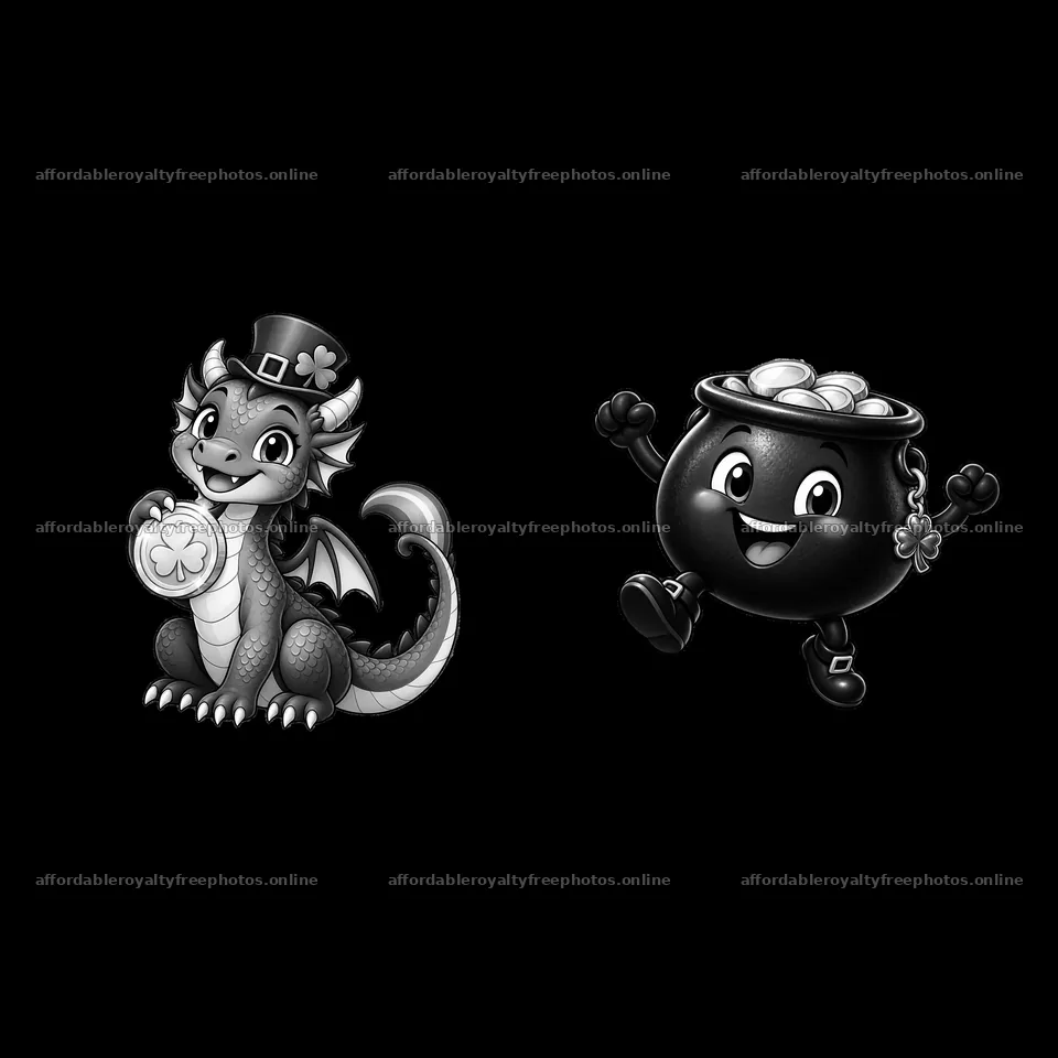 Dragon with shamrock and smiling pot of gold for St. – royalty-free photos 7746x7746