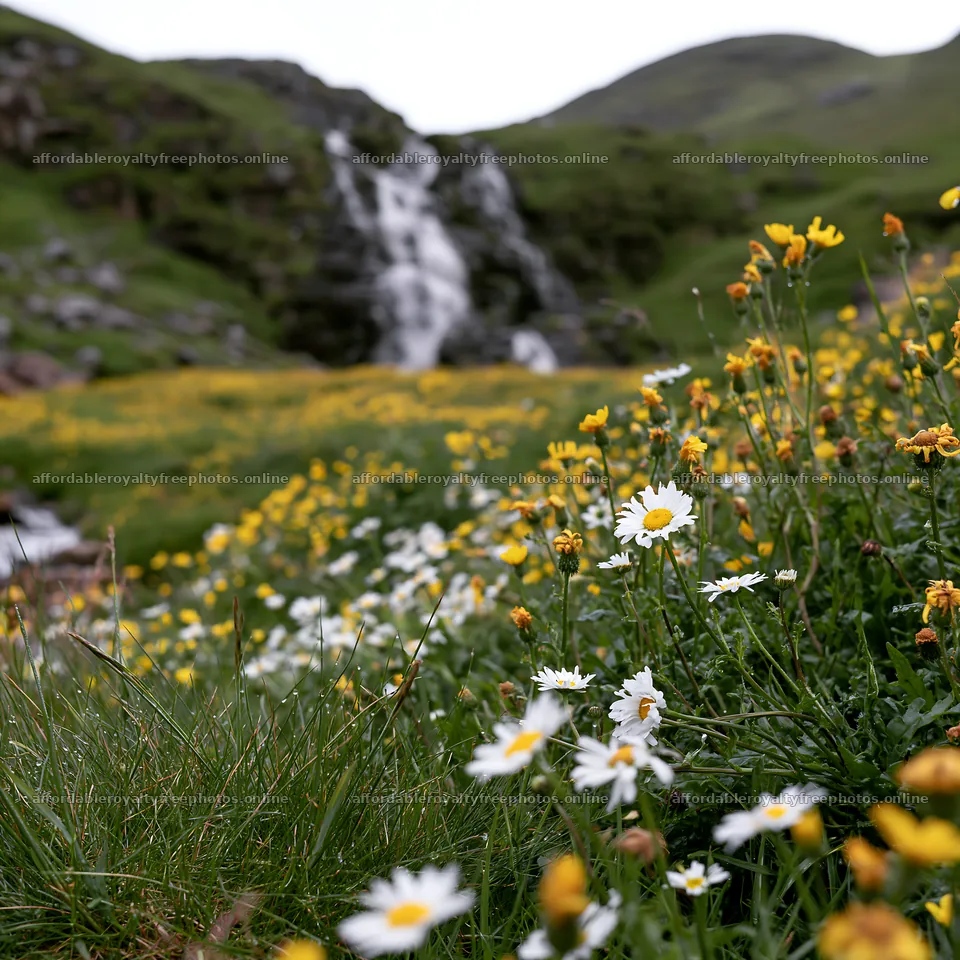 Wildflower meadow with cascading falls in the background – royalty-free photos 7938x7938
