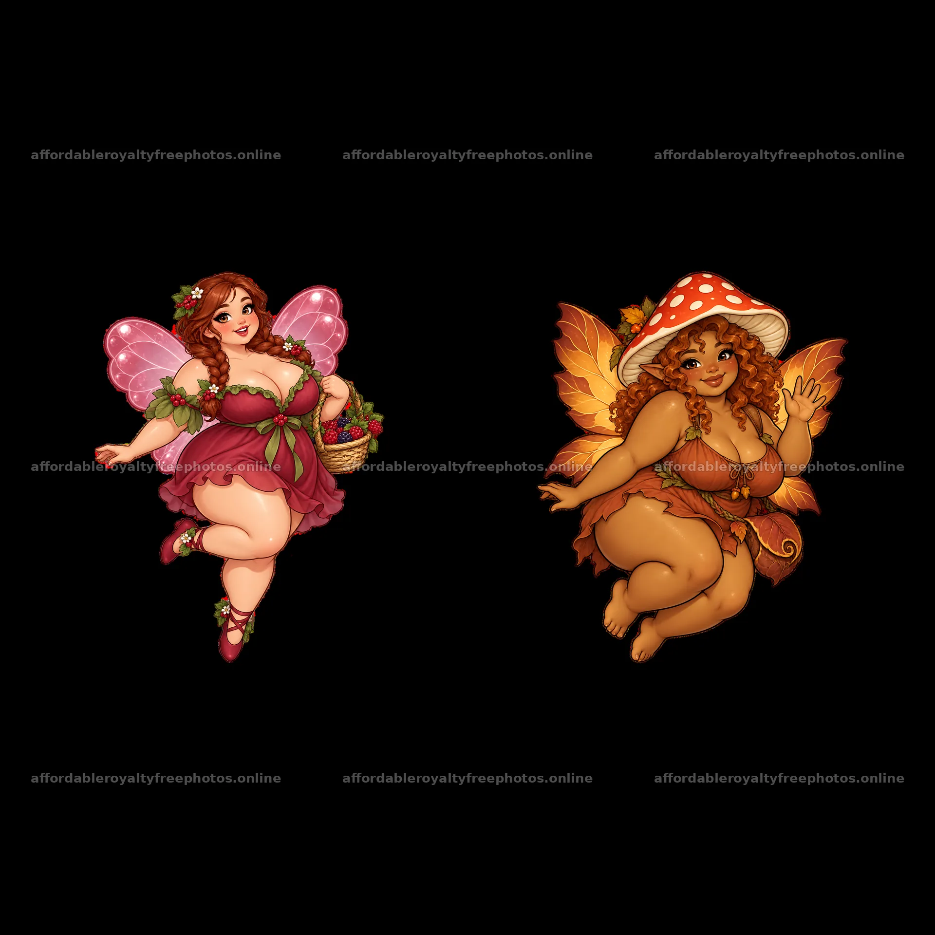 Kawaii ultra-fat fairies dressed in floral and mushroom – royalty-free photos 7746x7746