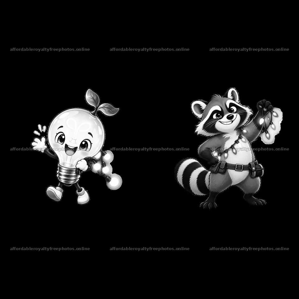 Cartoon characters holding string lights in black and – royalty-free photos 7746x7746
