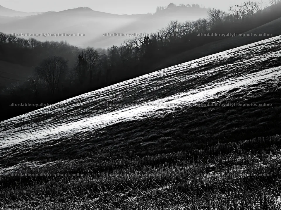 Frost-covered meadow with rolling hills in black and – royalty-free photos 9174x6866