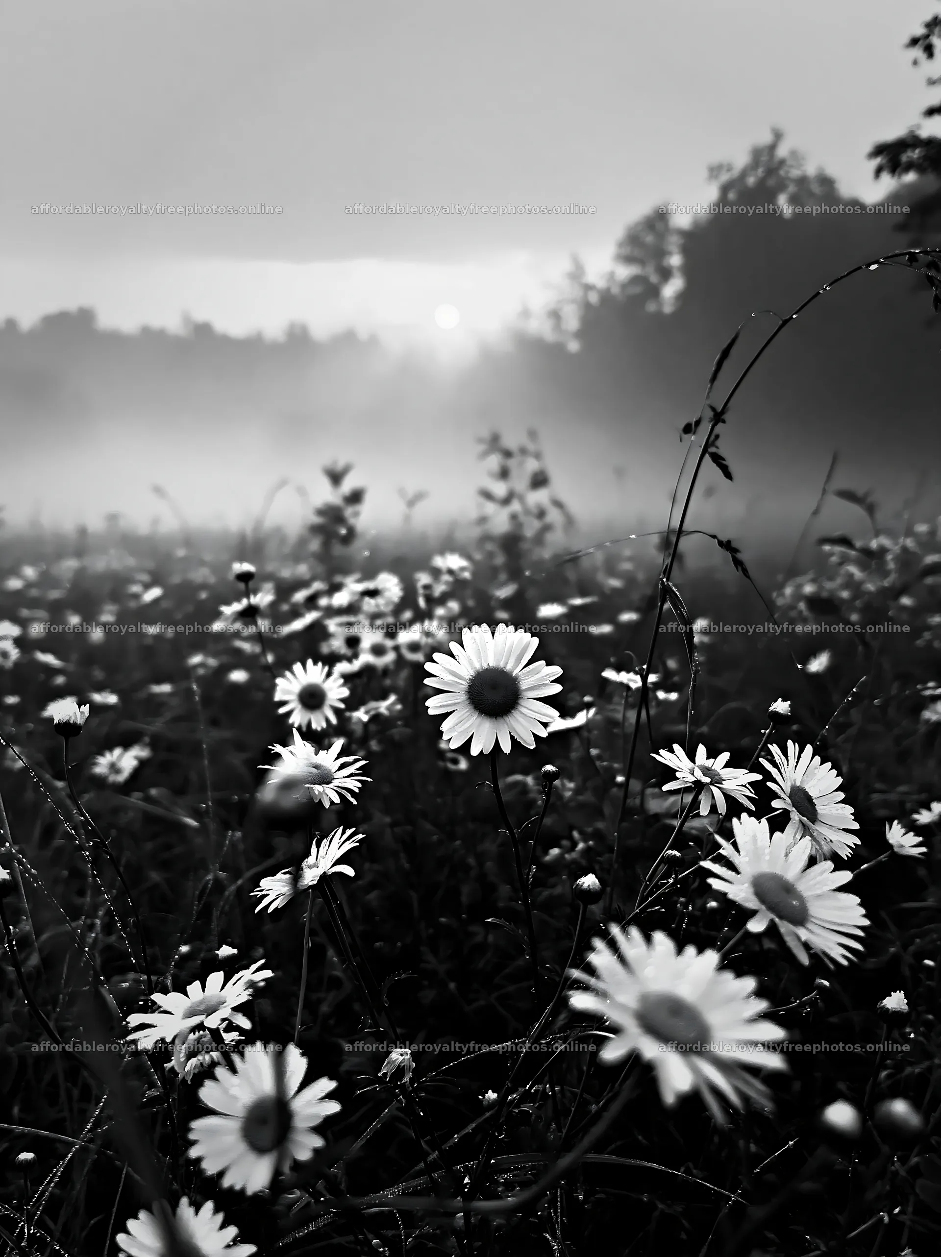 Colorful daisy meadow at sunrise in a misty landscape – royalty-free photos 6866x9174