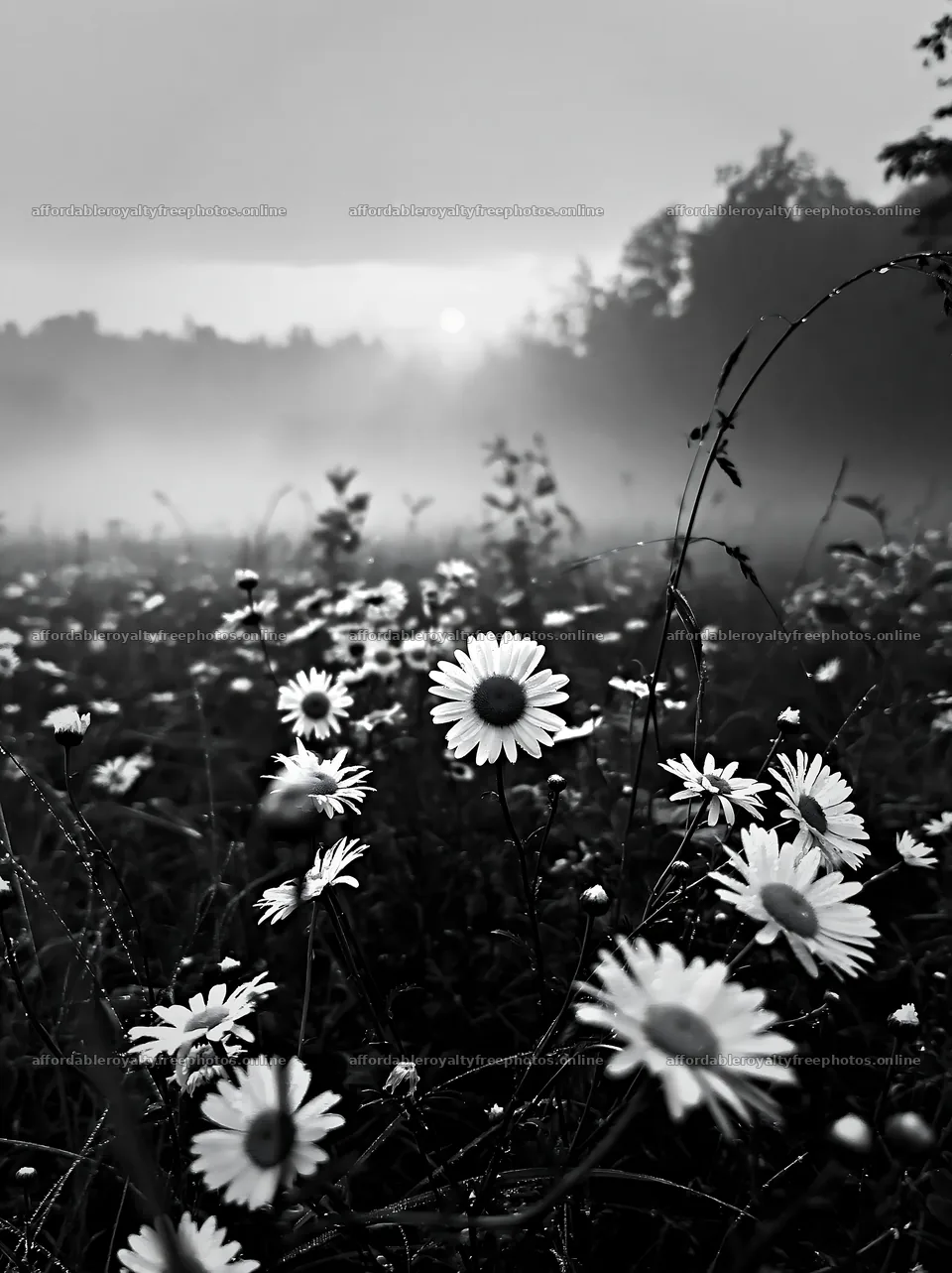 Colorful daisy meadow at sunrise in a misty landscape – royalty-free photos 6866x9174