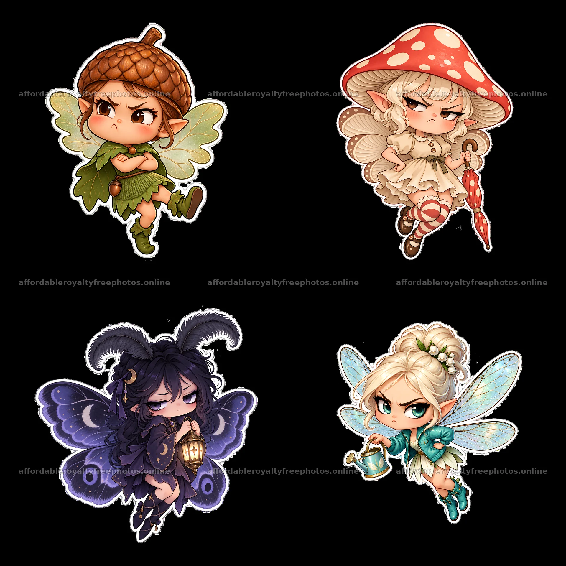 Kawaii grumpy fairies in a playful 2x2 arrangement – royalty-free photos 7746x7746